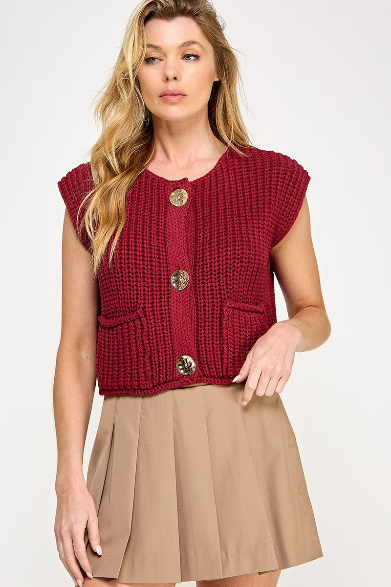 CHUNKY KNIT SWEATER VEST - BURGUNDY