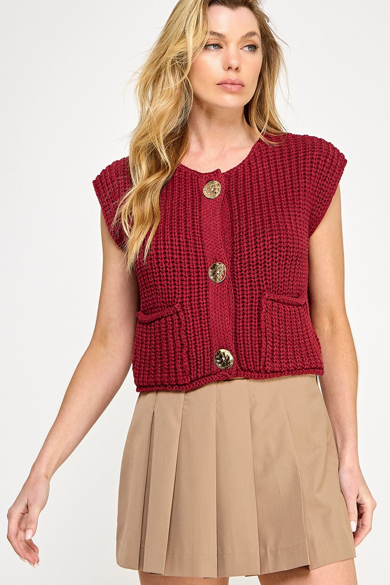 CHUNKY KNIT SWEATER VEST - BURGUNDY