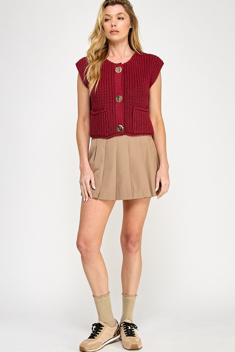 CHUNKY KNIT SWEATER VEST - BURGUNDY