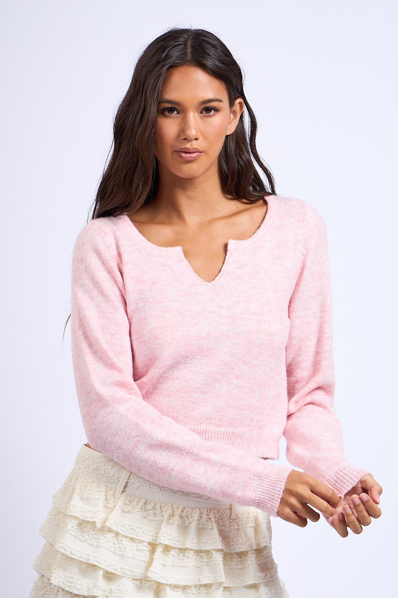 SPLIT NECK CROP SWEATER - BABY PINK