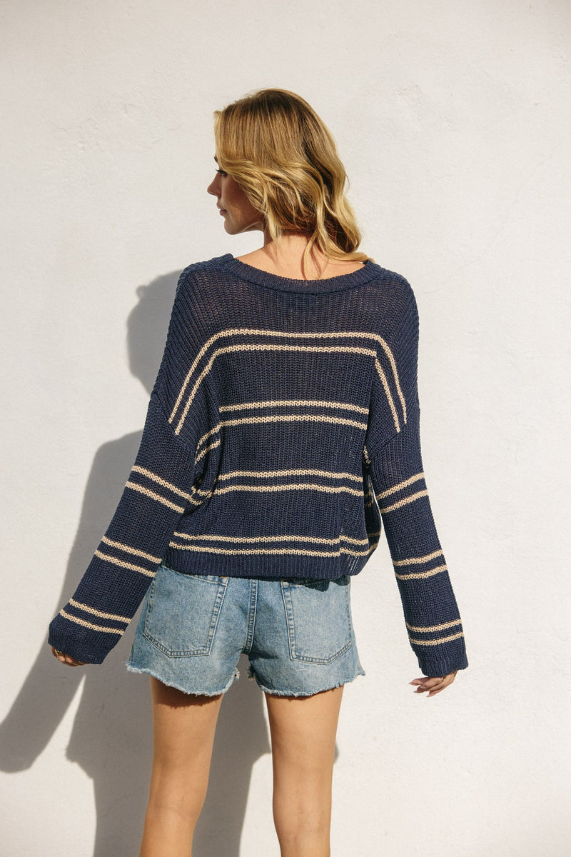 DOUBLE STRIPED OPEN KNIT SWEATER - NAVY/CREAM