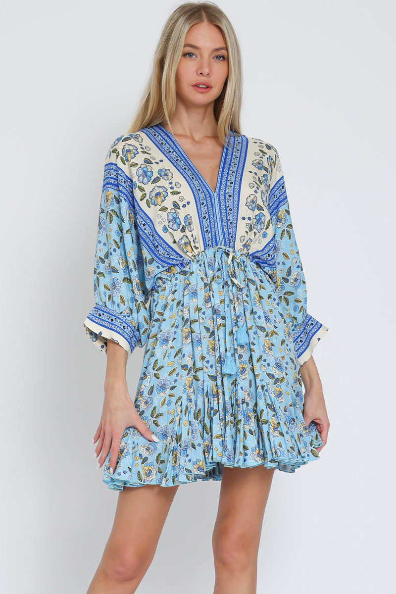 DOLMAN SLEEVE TIE FRONT MINI DRESS - LIGHT BLUE/SAND