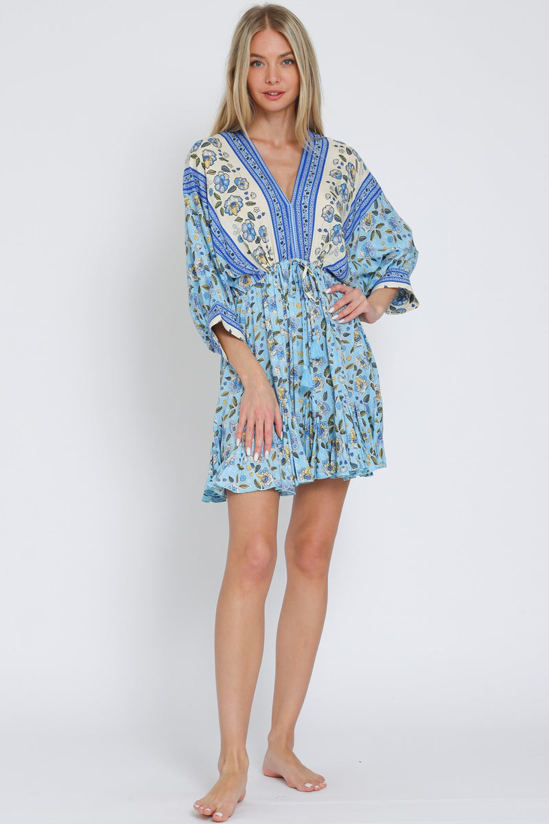 DOLMAN SLEEVE TIE FRONT MINI DRESS - LIGHT BLUE/SAND