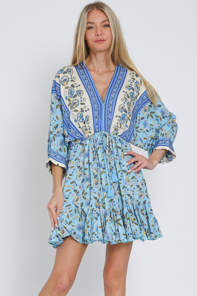 DOLMAN SLEEVE TIE FRONT MINI DRESS - LIGHT BLUE/SAND