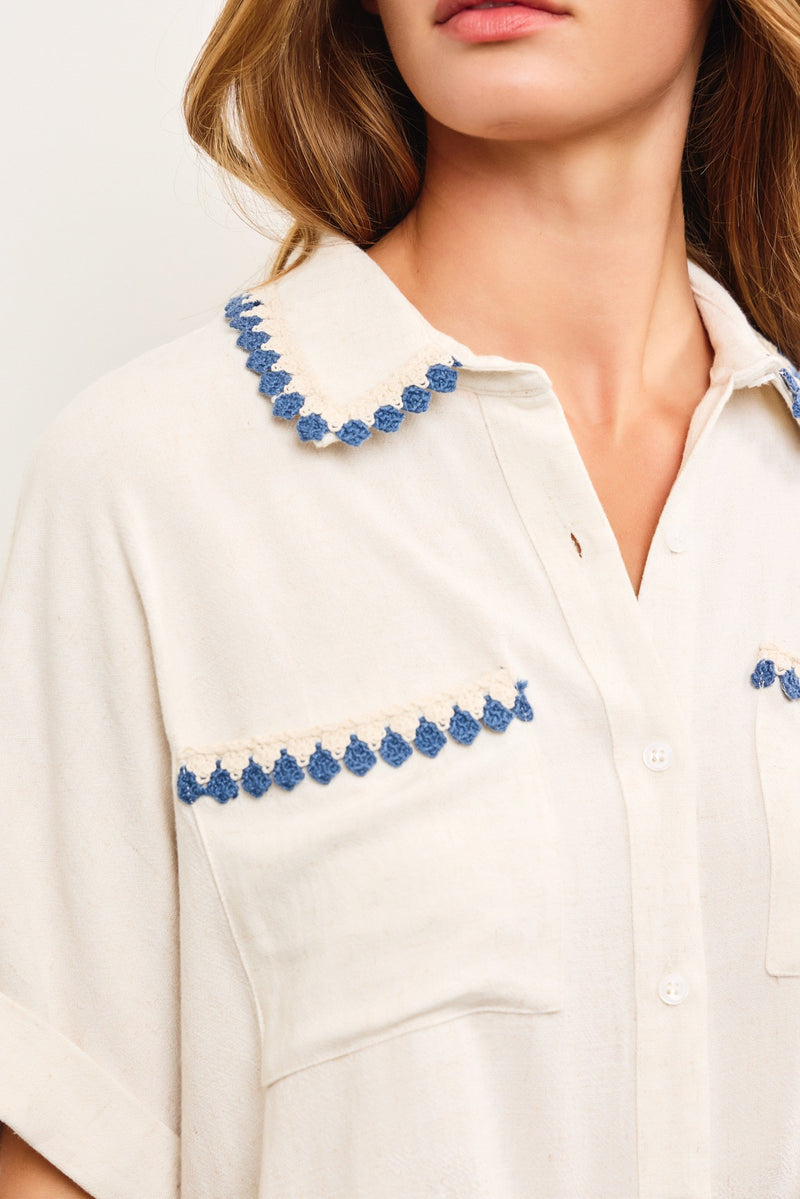 EMBROIDERED SHORT SLEEVE BUTTON DOWN - OATMEAL