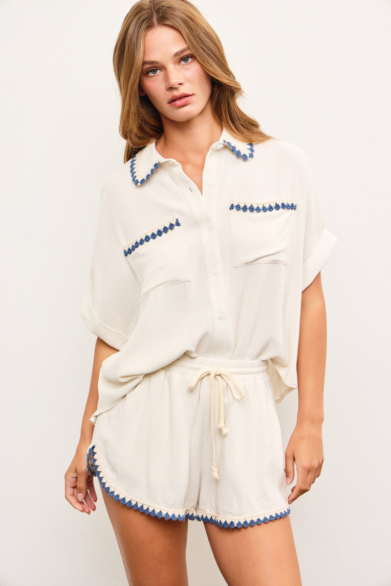 EMBROIDERED SHORT SLEEVE BUTTON DOWN - OATMEAL