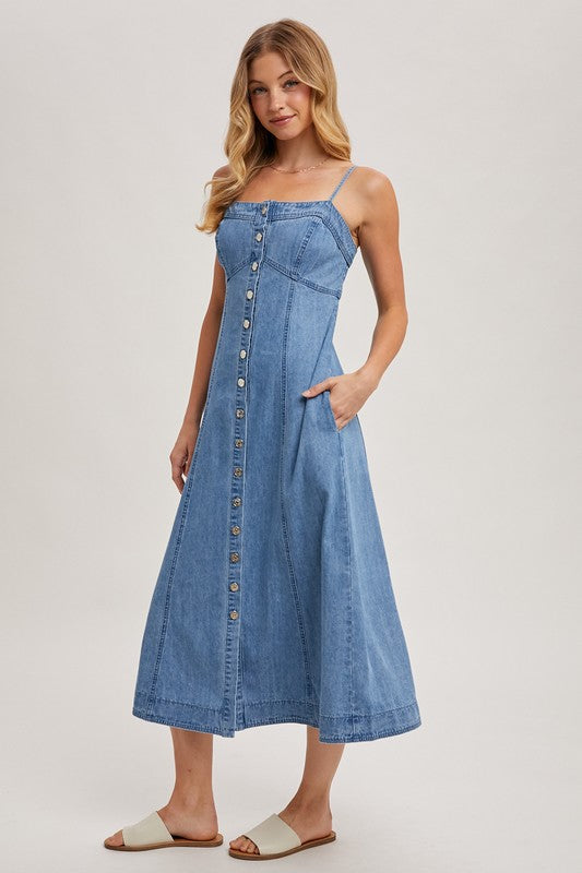 BUTTON FRONT DENIM MIDI DRESS - LIGHT WASH