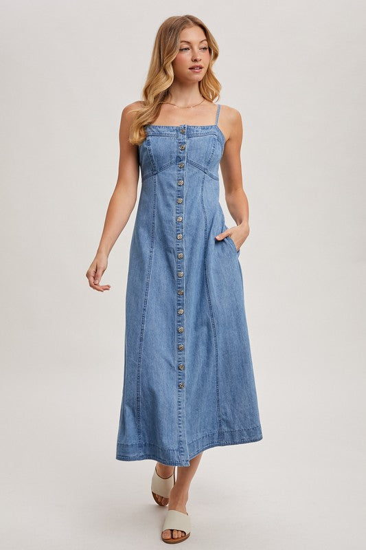BUTTON FRONT DENIM MIDI DRESS - LIGHT WASH