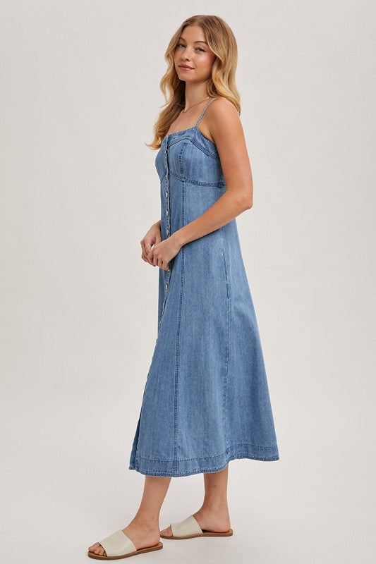 BUTTON FRONT DENIM MIDI DRESS - LIGHT WASH
