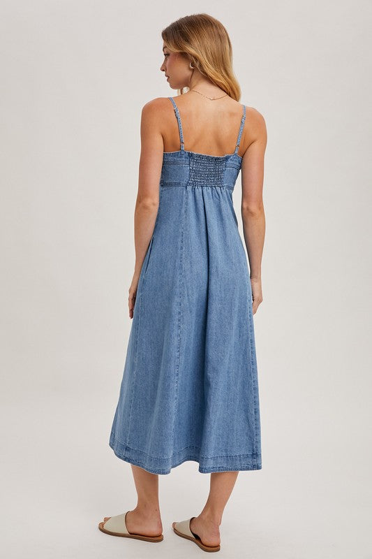 BUTTON FRONT DENIM MIDI DRESS - LIGHT WASH