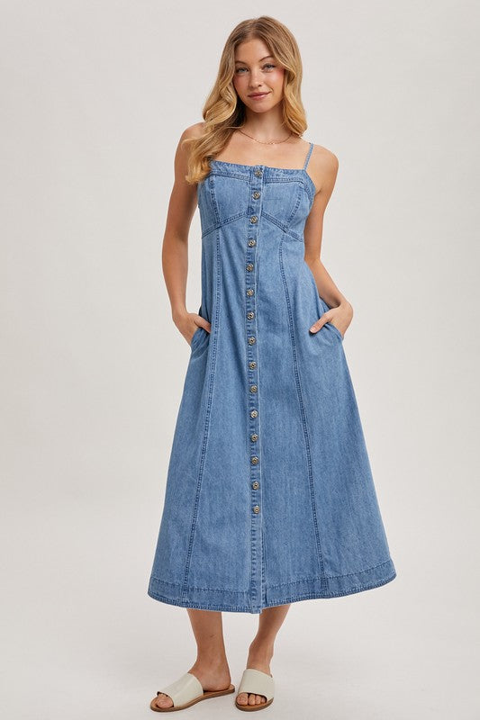 BUTTON FRONT DENIM MIDI DRESS - LIGHT WASH