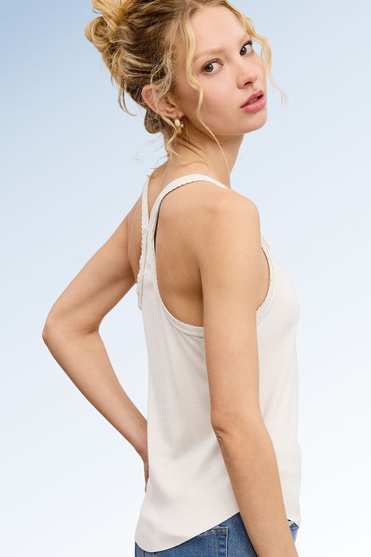 LACE DETAILED RACER BACK TANK TOP - MILK