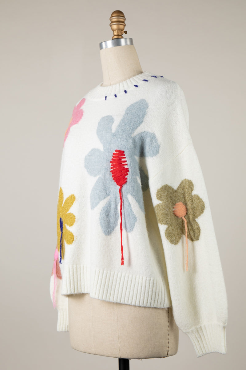 ABSTRACT FLOWER PRINT HANDMADE SWEATER - IVORY