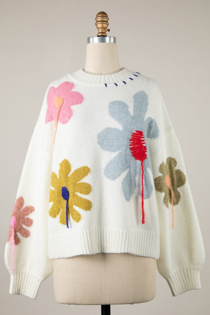 ABSTRACT FLOWER PRINT HANDMADE SWEATER - IVORY