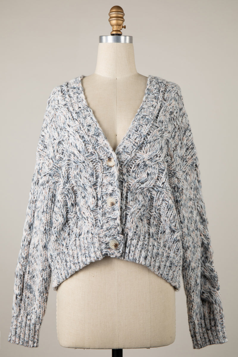 CHUNKY KNIT CROPPED CARDIGAN - BLUSH/GREY