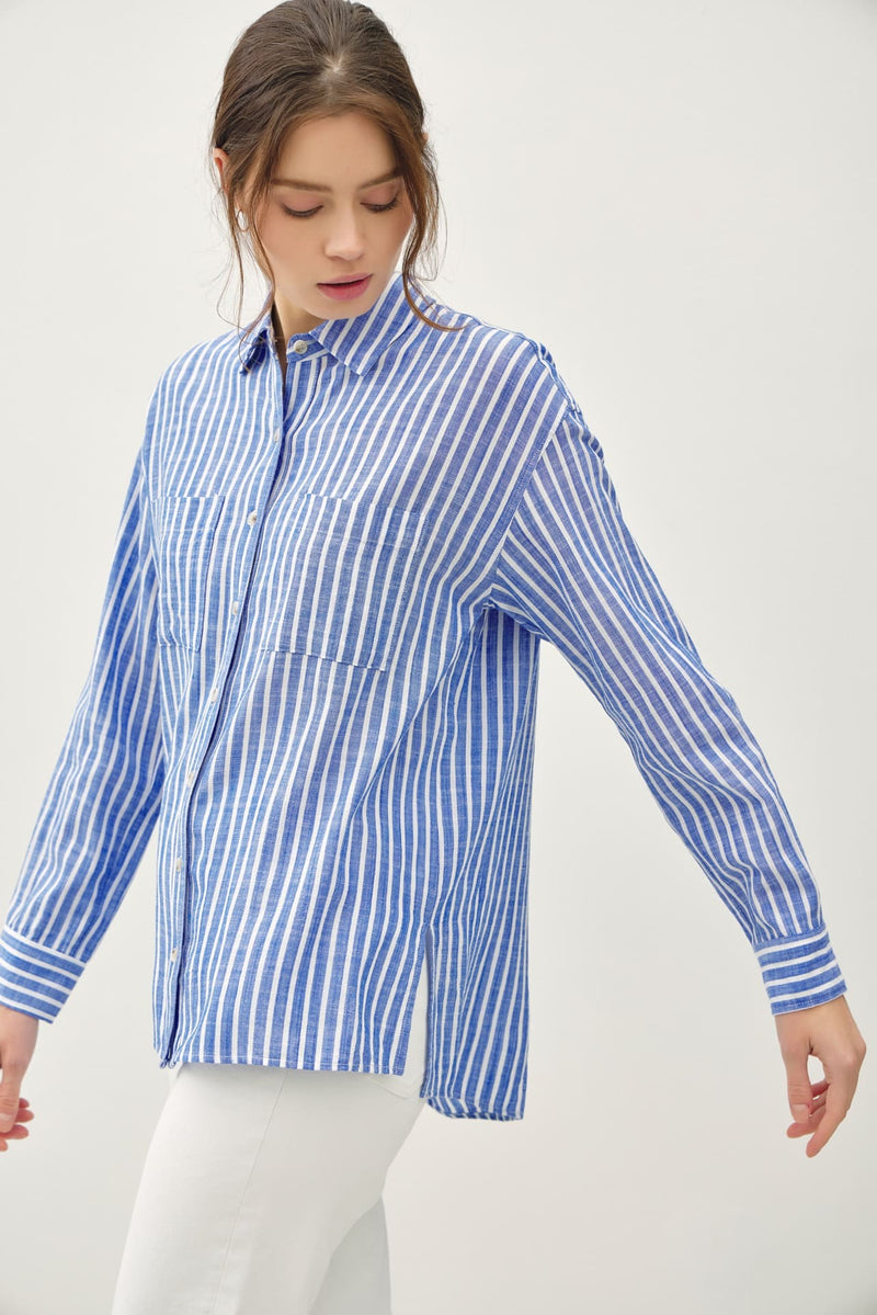 STRIPED BUTTON UP SHIRT - DENIM BLUE