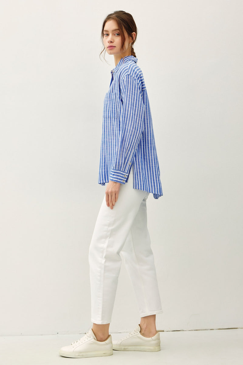 STRIPED BUTTON UP SHIRT - DENIM BLUE