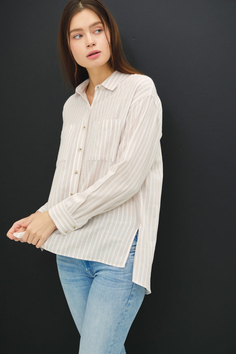 STRIPED BUTTON UP SHIRT - NATURAL