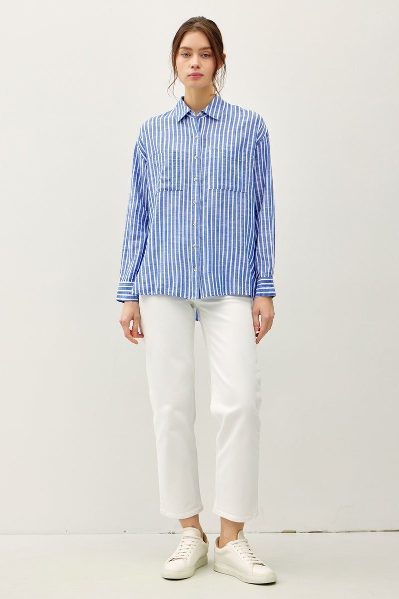 STRIPED BUTTON UP SHIRT - DENIM BLUE