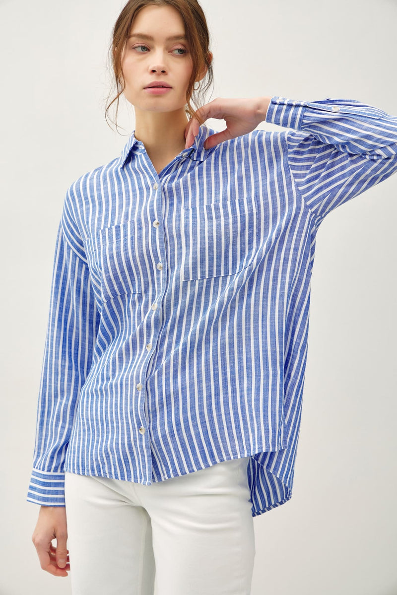 STRIPED BUTTON UP SHIRT - DENIM BLUE