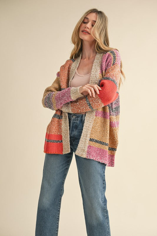 OVERSIZED COLOR BLOACK CARDIGAN -  FUSCHIA-MUSTARD MULTI