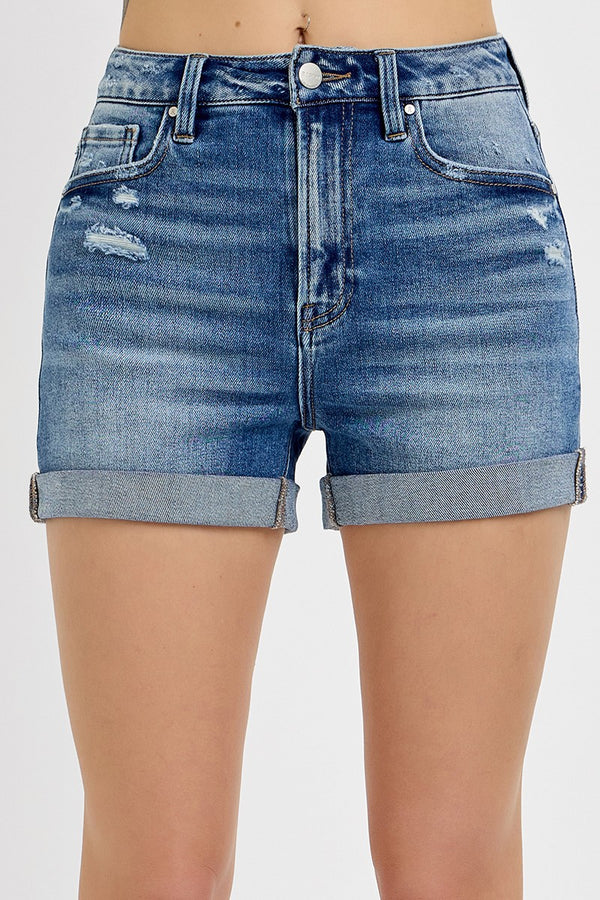 HIGH RISE ROLLED DENIM SHORTS - DARK DENIM