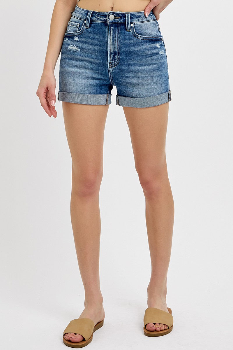 HIGH RISE ROLLED DENIM SHORTS - DARK DENIM