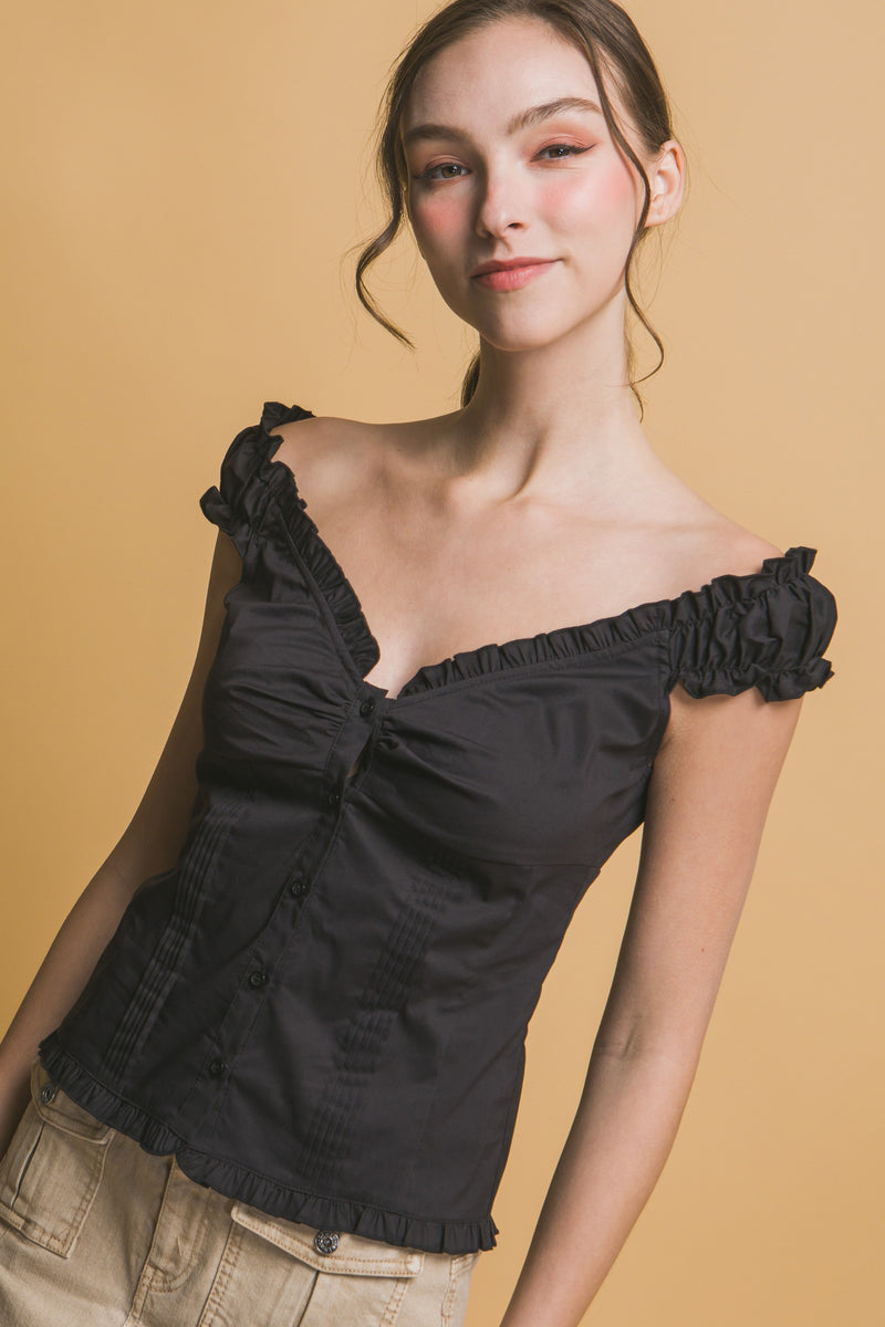 RUFFLE TRIM BUTTON UP TOP - BLACK