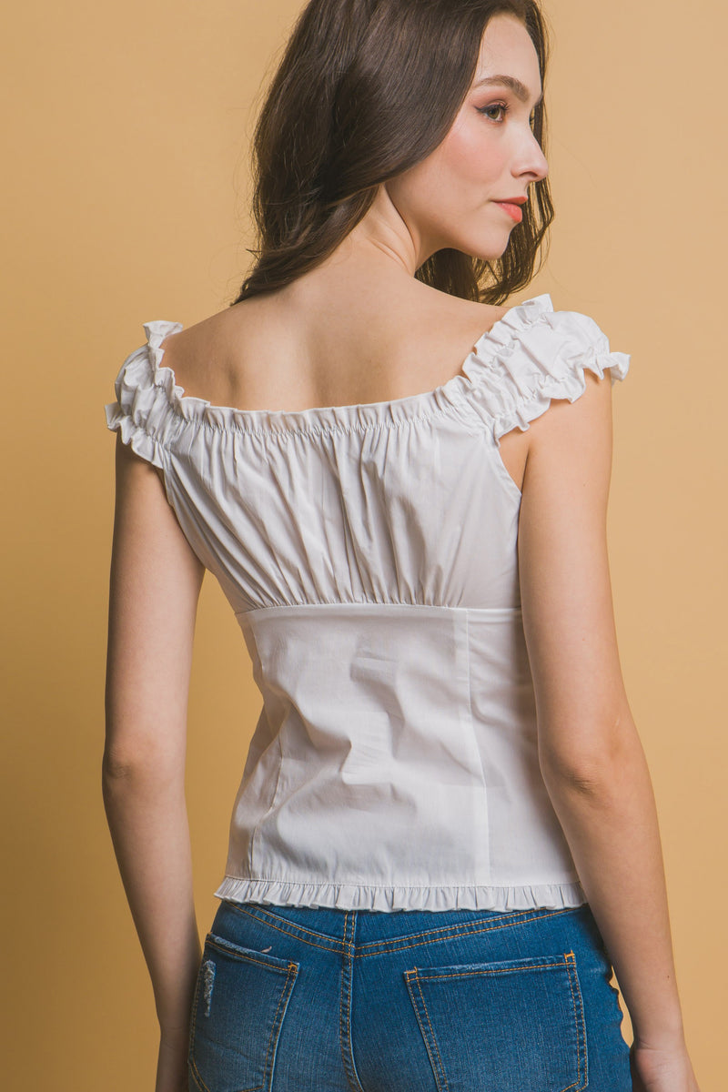 RUFFLE TRIM BUTTON UP TOP - WHITE