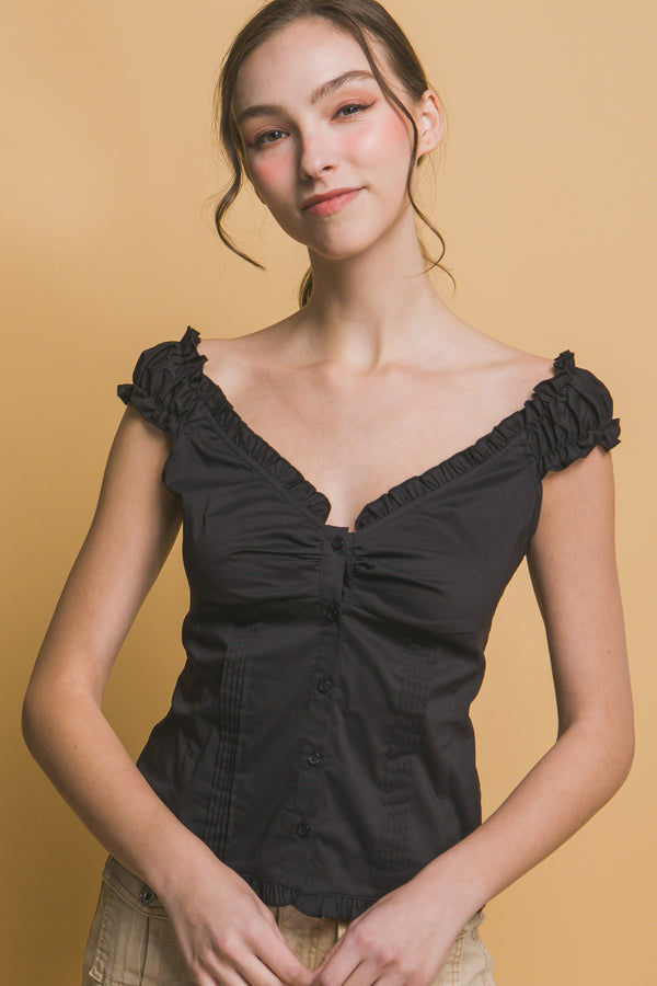 RUFFLE TRIM BUTTON UP TOP - BLACK