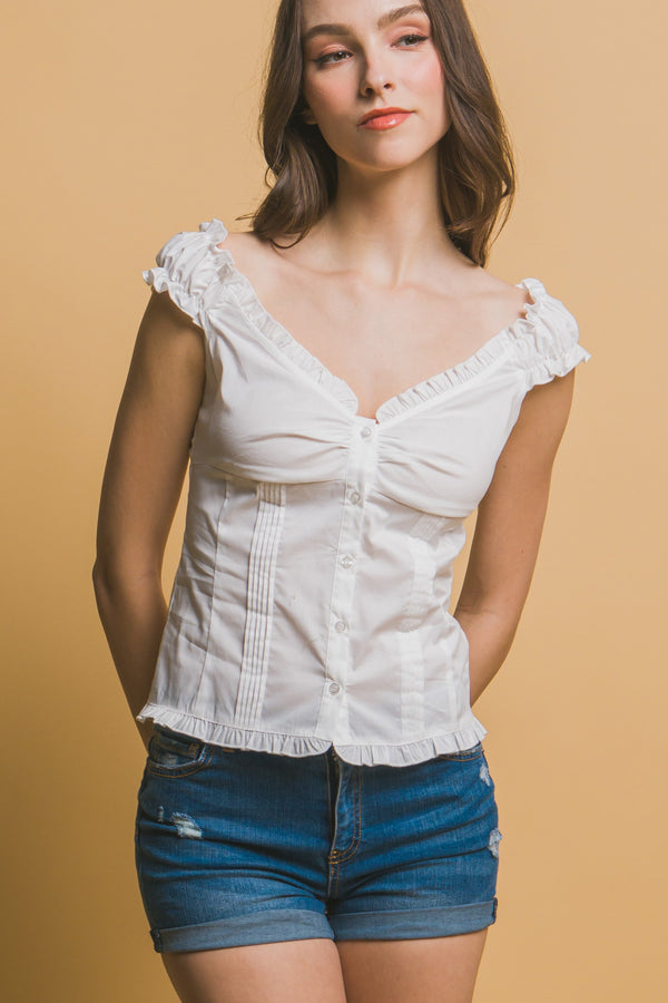 RUFFLE TRIM BUTTON UP TOP - WHITE