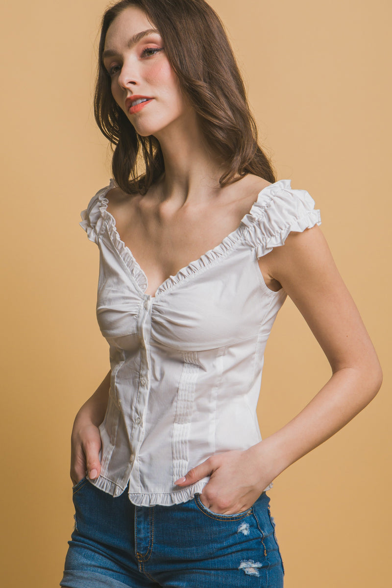 RUFFLE TRIM BUTTON UP TOP - WHITE