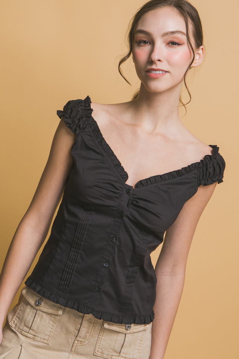 RUFFLE TRIM BUTTON UP TOP - BLACK