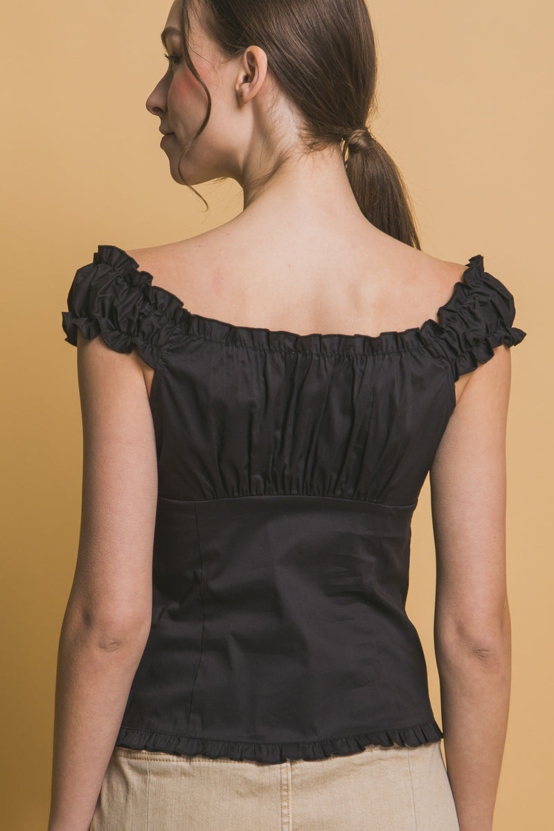 RUFFLE TRIM BUTTON UP TOP - BLACK