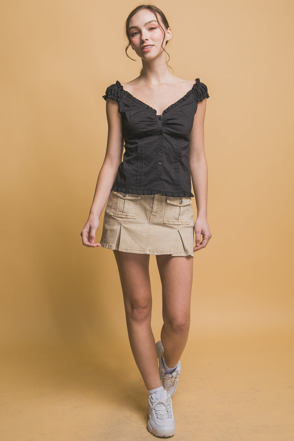 RUFFLE TRIM BUTTON UP TOP - BLACK