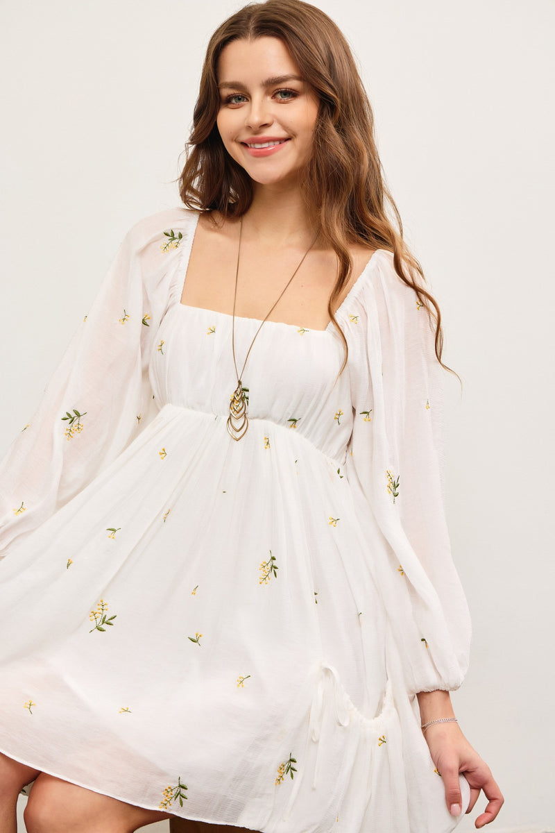 EMBROIDERED FLOWER DRESS - OFF WHITE