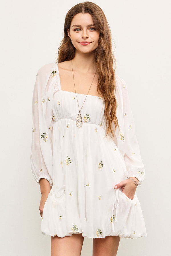 EMBROIDERED FLOWER DRESS - OFF WHITE