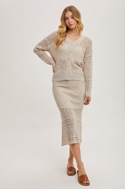 OPEN KNIT V-NECK CARDIGAN -  OATMEAL