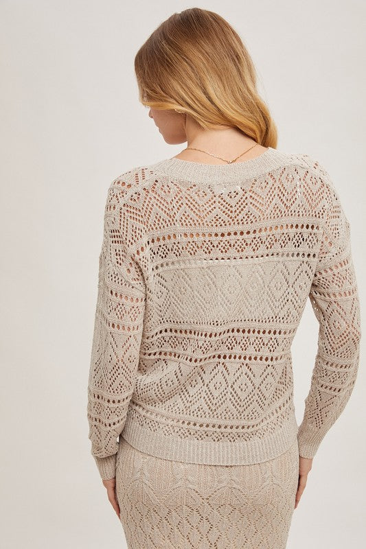 OPEN KNIT V-NECK CARDIGAN -  OATMEAL