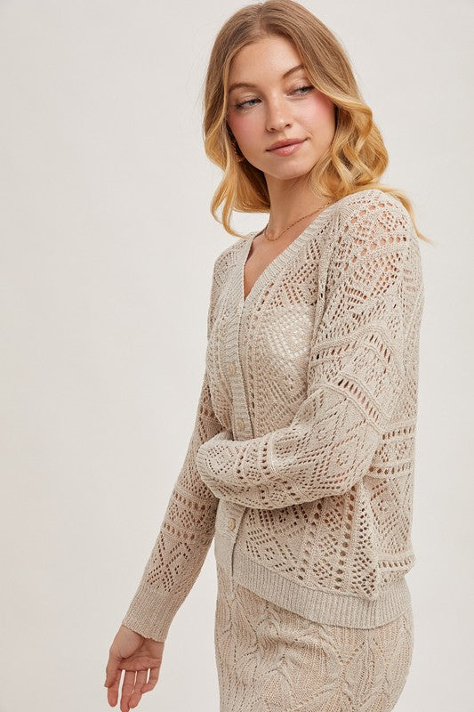 OPEN KNIT V-NECK CARDIGAN -  OATMEAL