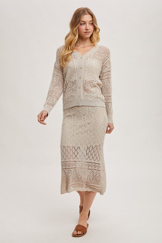 OPEN KNIT V-NECK CARDIGAN -  OATMEAL