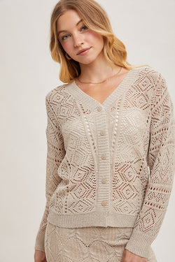 OPEN KNIT V-NECK CARDIGAN -  OATMEAL