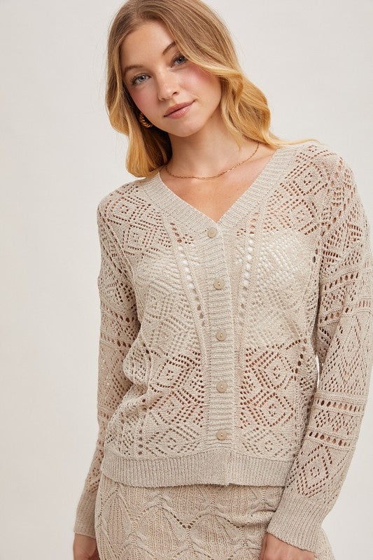 OPEN KNIT V-NECK CARDIGAN -  OATMEAL
