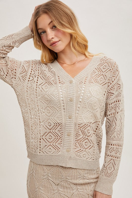 OPEN KNIT V-NECK CARDIGAN -  OATMEAL