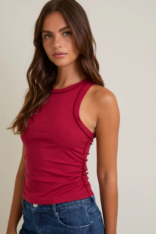 REVERSE SEAM RIBBED TANK TOP - BURGUNDY