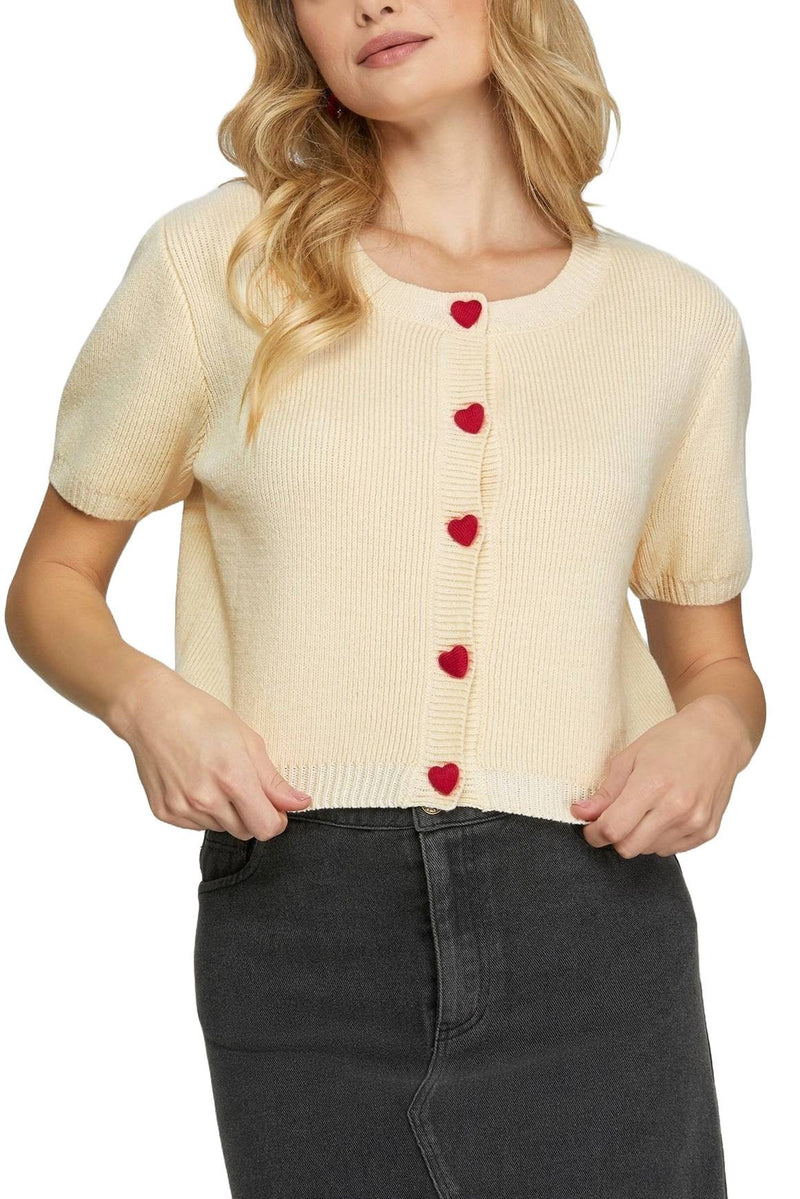 HEART BUTTONED KNIT CARDIGAN - CREAM