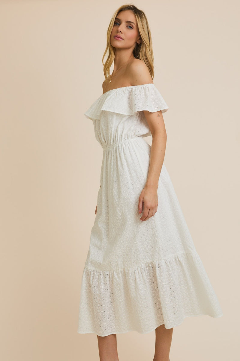 OFF SHOULDER EYELET MAXI DRESS - WHITE