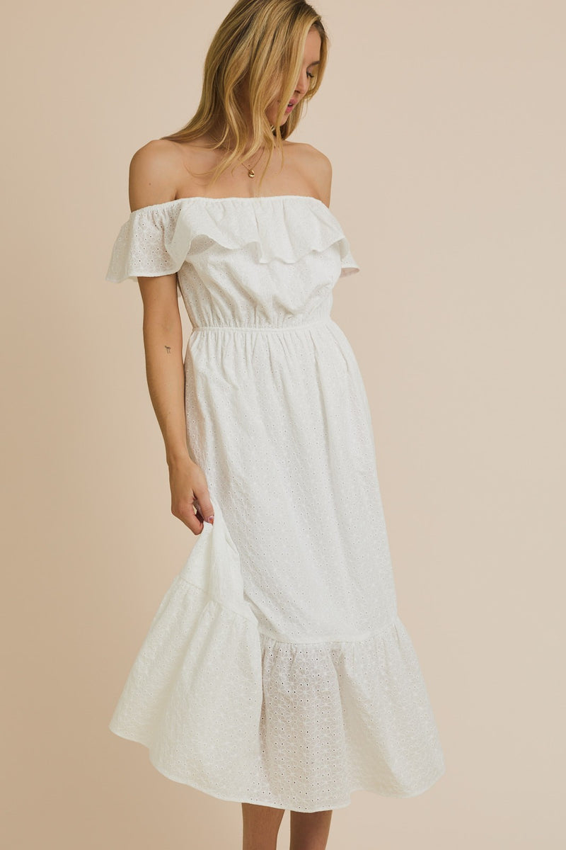 OFF SHOULDER EYELET MAXI DRESS - WHITE