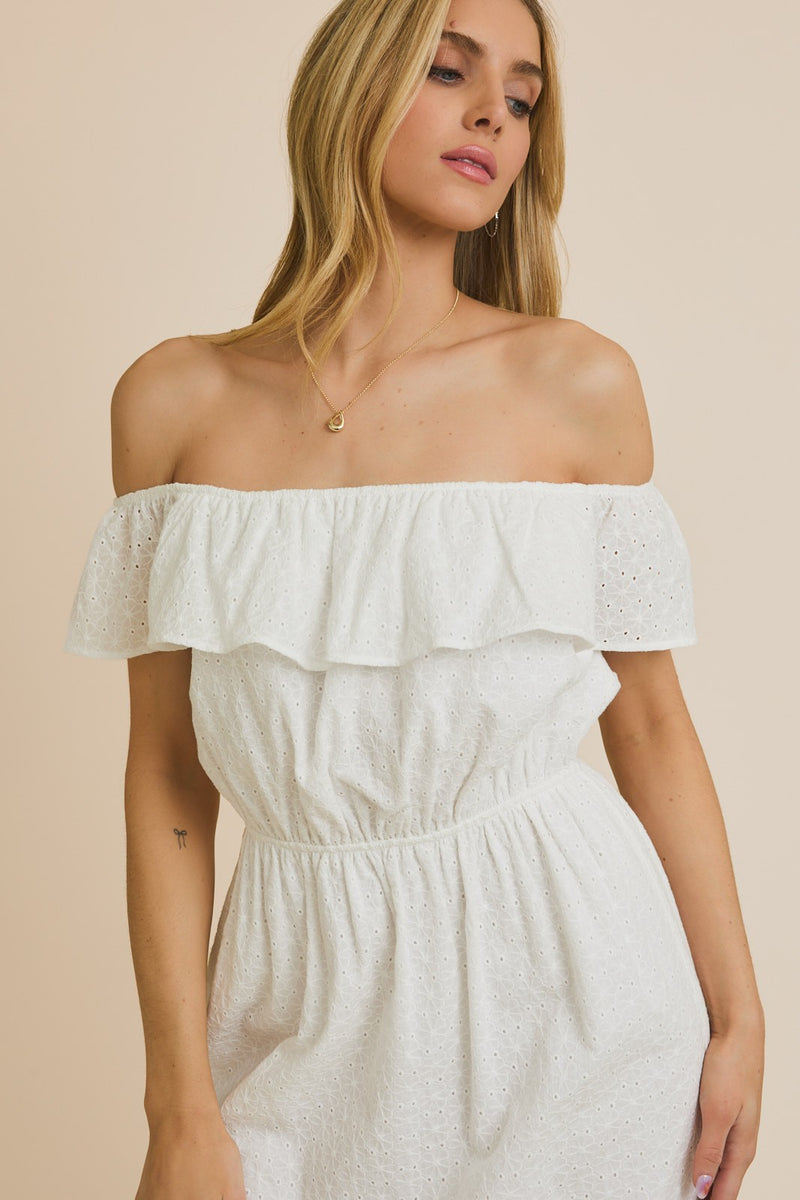 OFF SHOULDER EYELET MAXI DRESS - WHITE