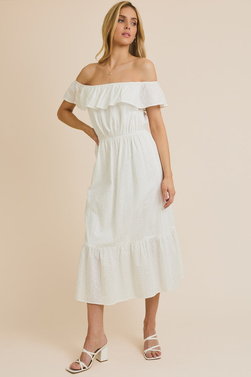 OFF SHOULDER EYELET MAXI DRESS - WHITE